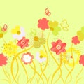 Horizontal border with flowers and butterflies. Seamless spring pattern. Beautiful abstract flowers from dots and dashes. Vector Royalty Free Stock Photo