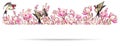 Horizontal border with sakura pink flowers and swallow or martlet bird. Spring frame for design with cherry tree flower