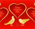 Horizontal border seamless background golden Pigeons birds and hearts valentines place for text red background vintage vector