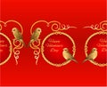 Horizontal border seamless background little golden birds and ornamets valentines place for text red background vintage vector