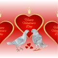 Horizontal border seamless background white pigeons  birds and hearts  place for text valentines red background vintage vector ill Royalty Free Stock Photo