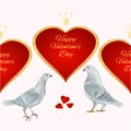 Horizontal border seamless background white  Pigeons birds and hearts valentines place for text pink background vintage vector Royalty Free Stock Photo