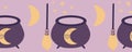 Horizontal border with witch cauldrom, broom and stars Royalty Free Stock Photo