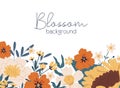 Horizontal botanical backdrop with border of delicate blossomed fall flowers like sunflower and peony. Floral flat