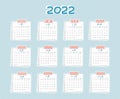 Horizontal Calendar 2022 from January to December Chinese language. Every month is on squared paper with dots piece of newspaper