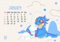 Horizontal calendar page for january 2024 with cute winter dragon. Isolated on beige background. The symbol of the year of dragon