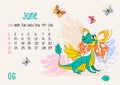 Horizontal calendar page for june 2024 with daisy butterfly dragon. Isolated on beige background. The symbol of the year of dragon Royalty Free Stock Photo