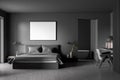 Horizontal canvas in dark grey bedroom with background bathtub area Royalty Free Stock Photo