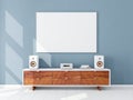 Horizontal canvas Mockup hanging on the Blue wall, hi fi micro system on bureau