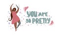 Horizontal card with african girl dancing in flowers with prosthetic arm and leg, hand drawn lettering You are so pretty Royalty Free Stock Photo