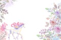 Horizontal card with floral pattern of roses and a unicorn horizontal