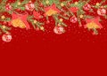 Horizontal Christmas background with place for text, with Christmas trees, New YearÃ¢â¬â¢s Eve, bells, with snow on a red background Royalty Free Stock Photo