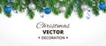 Horizontal christmas banner with fir tree garland, hanging balls and ribbons. Royalty Free Stock Photo