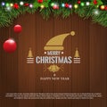 Horizontal Christmas border frame with fir branches, pine cones, berries and lights over wood background. Vector Royalty Free Stock Photo