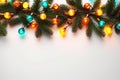 Horizontal Christmas tree branches border decorated shiny baubles. AI Generative. Royalty Free Stock Photo