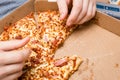 Close up of pizza in a cardboard box