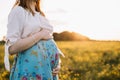 A pregnant woman holding the belly Royalty Free Stock Photo