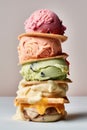 Horizontal close-up of a stack of several types of ice cream. Royalty Free Stock Photo