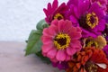 Closeup of floral arrangement of colorful zinnias