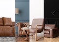 Horizontal collage with brown leather sofas and armchairs in contemporary interior. Modern, stylish, high quality Royalty Free Stock Photo