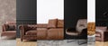 Horizontal collage with brown leather sofas and armchairs in contemporary interior. Modern, stylish, high quality Royalty Free Stock Photo