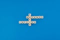 The name of pharmaceutical company moderna written with wooden letters on a blue background. Race to find the vaccine against the