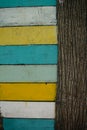 Horizontal colored boards and vertical tree trunk summer