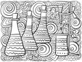 Horizontal coloring page with scientific details, laboratory equipment creative patterned page