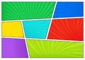 Horizontal comics backdrop. Bright template with cells, halftone effects and rays. Vector colorful background in pop-art