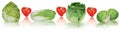 Horizontal composition of green cabbages and heart shaped tomatoes