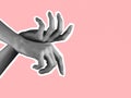 Horizontal contemporary art collage. Female hands isolated over pink background