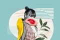 Horizontal contemporary image photo collage of young beautiful girl bite red lipstick lips flirt plant spring nature