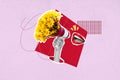 Horizontal creative surreal photo collage of faceless woman red lips smile proclaim megaphone speech with flower bouquet