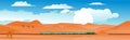 Horizontal desert landscape with high-speed train, rails, fields, sands, clouds. Travel by train banner in Kazakhstan