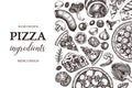 Horizontal design with hand drawn italian pizza ingradients sketches. Vector frame for pizzeria or cafe menu. Top view fast food i