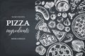 Horizontal design with hand drawn italian pizza ingradients sketches. Vector frame for pizzeria or cafe menu. Top view fast food i