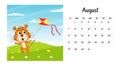 Horizontal desktop calendar page template for August 2022 with a cartoon tiger symbol of the Chinese year. The week