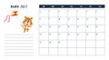 Horizontal desktop calendar page template for May 2022 with a cartoon tiger symbol of the Chinese year. The week starts