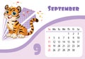 Tiger desk calendar design template for september 2022