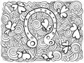 Horizontal doodle coloring book with good luck symbols - horseshoe and clover shamrocks, meditative colouring page for St. Patrick