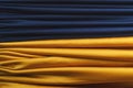 Horizontal draped curtains.Blue and yellow fabric as a front curtain