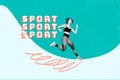 Horizontal drawing photo collage of young sportswoman do warmup exercise jump before run cardio training in gym on