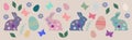 Horizontal Easter banner with Easter bunnies, eggs, butterflies, and flowers