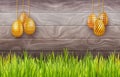 Horizontal Easter banner with hanging ornate eggs on wooden background with copy space.