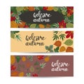 Horizontal fall banners set. Three vector templates. Bright autumn maple, oak, birch, elm, rowan, chestnut, aspen leaves and acorn Royalty Free Stock Photo