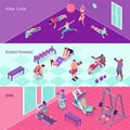 Horizontal fitness banners set with people in gym and at yoga class 3d isometric isolated vector illustration Royalty Free Stock Photo