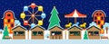 Horizontal flat illustration christmas market in the evening with shops and amusement park