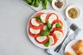 Italian caprese salad with toast. Delicious mediterranean appetizer. Copy space, flat lay