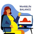 A horizontal flat vector image of a pregnant woman eating in the office.