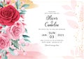 Horizontal floral wedding invitation card template set with watercolor and gold glitter decoration. Abstract background save the